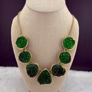 Jane Stone Statement Bib Necklace Green Gold Druzy Style 20in
